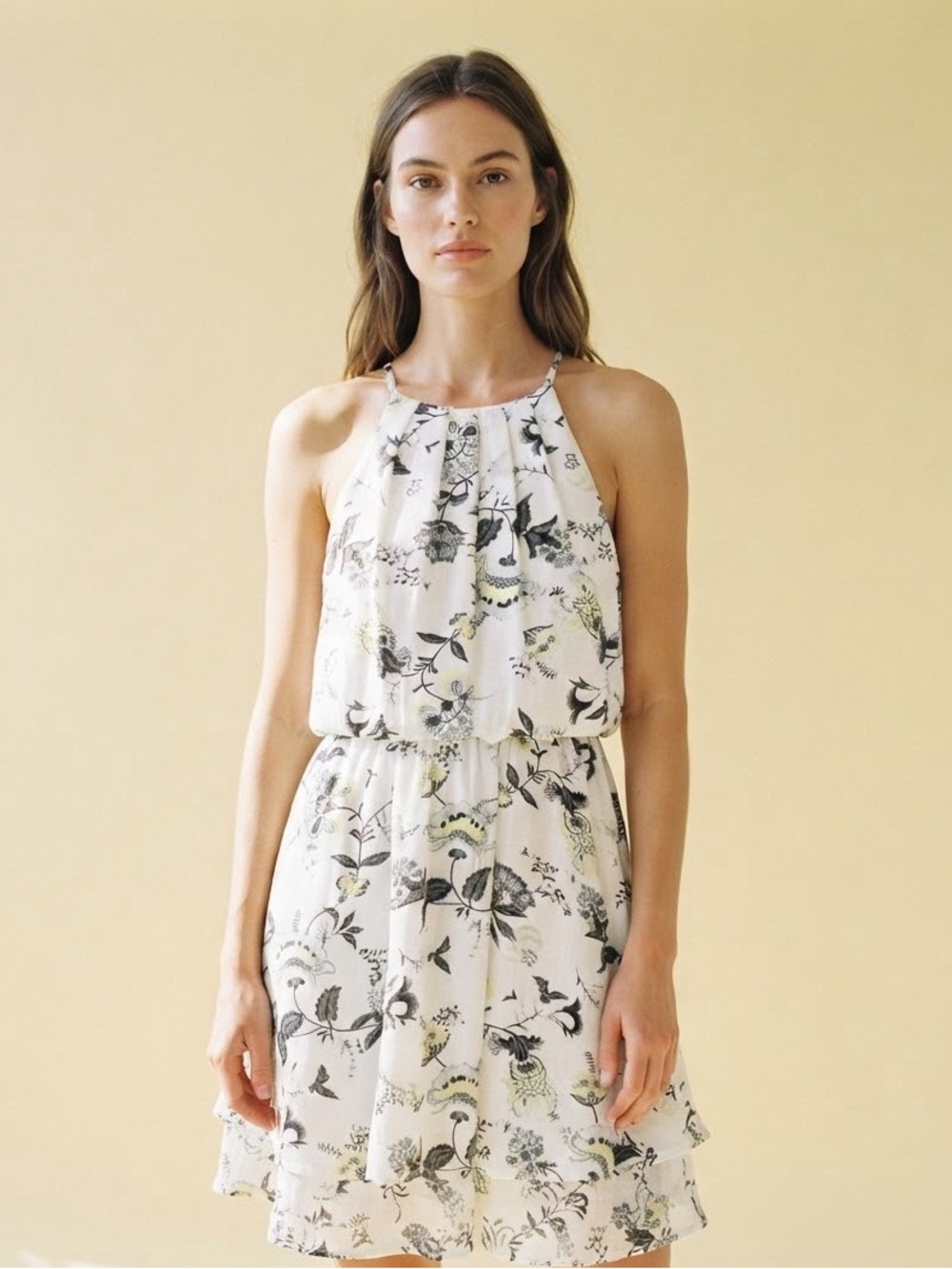 Halter-Neck Floral Midi Dress in Ivory